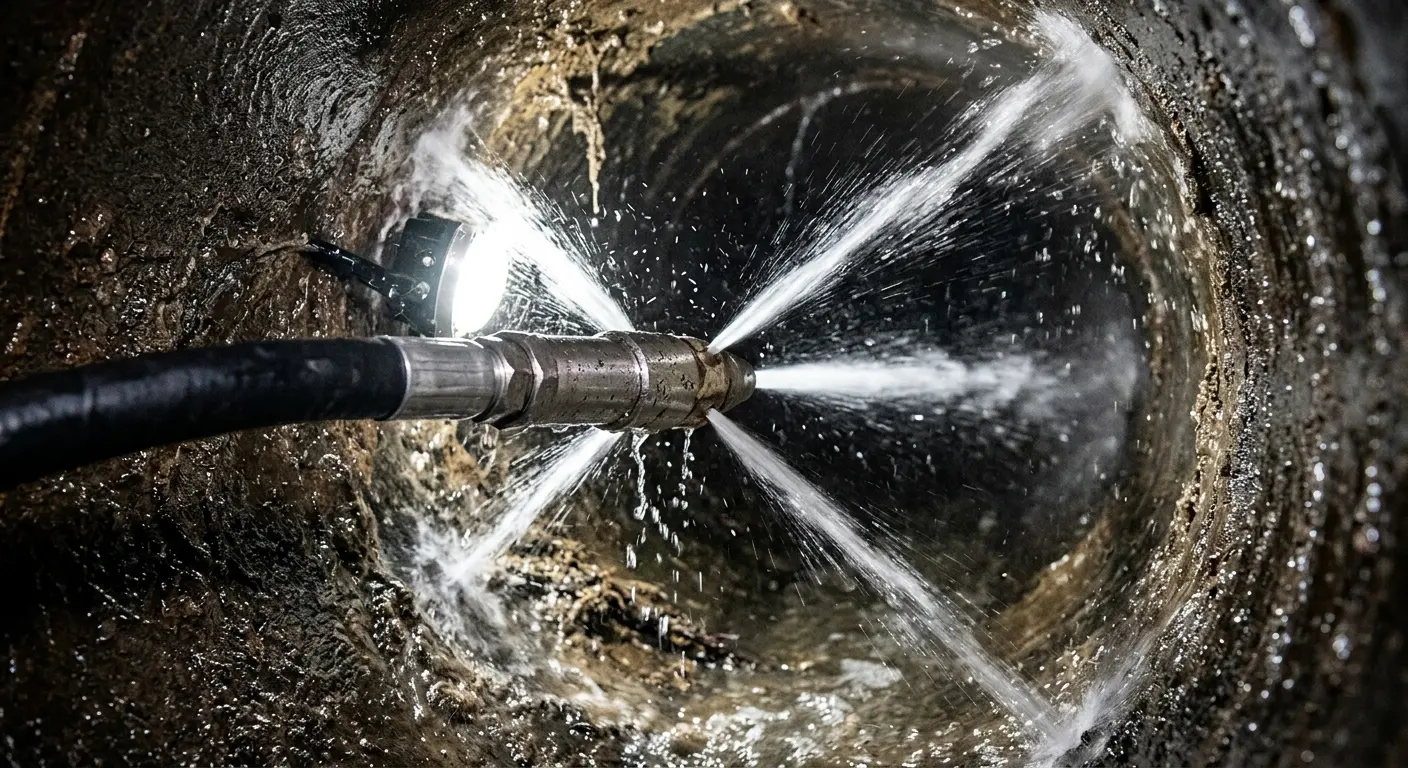 High-pressure hydro jetting nozzle cleaning sewer pipe for Trenchless Sewer Repair in Valley