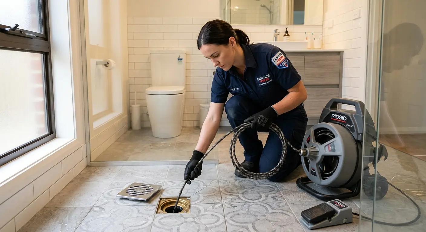 Technician clearing a bathroom floor drain for Sewer Line Replacement in Valley